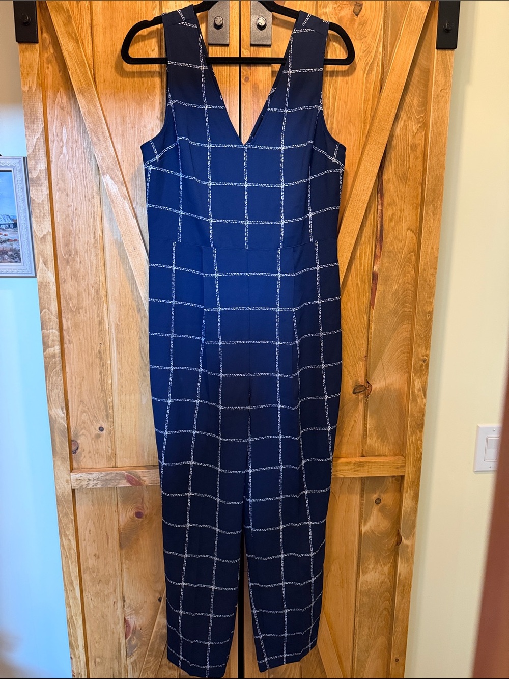 Express Navy Windowpane V-Neck Jumpsuit